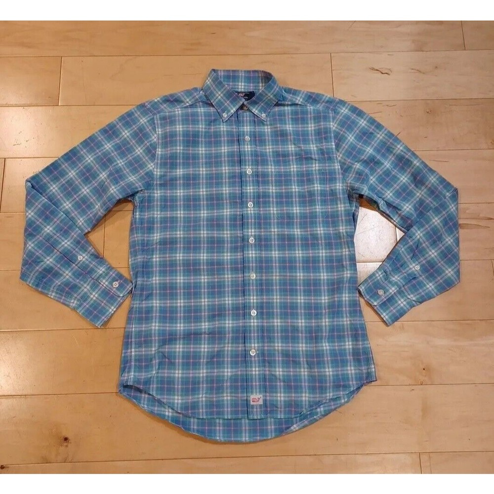 Vineyard Vines Slim Fit Murray Shirt Blue Plaid Long Sleeve Button Nylon Small